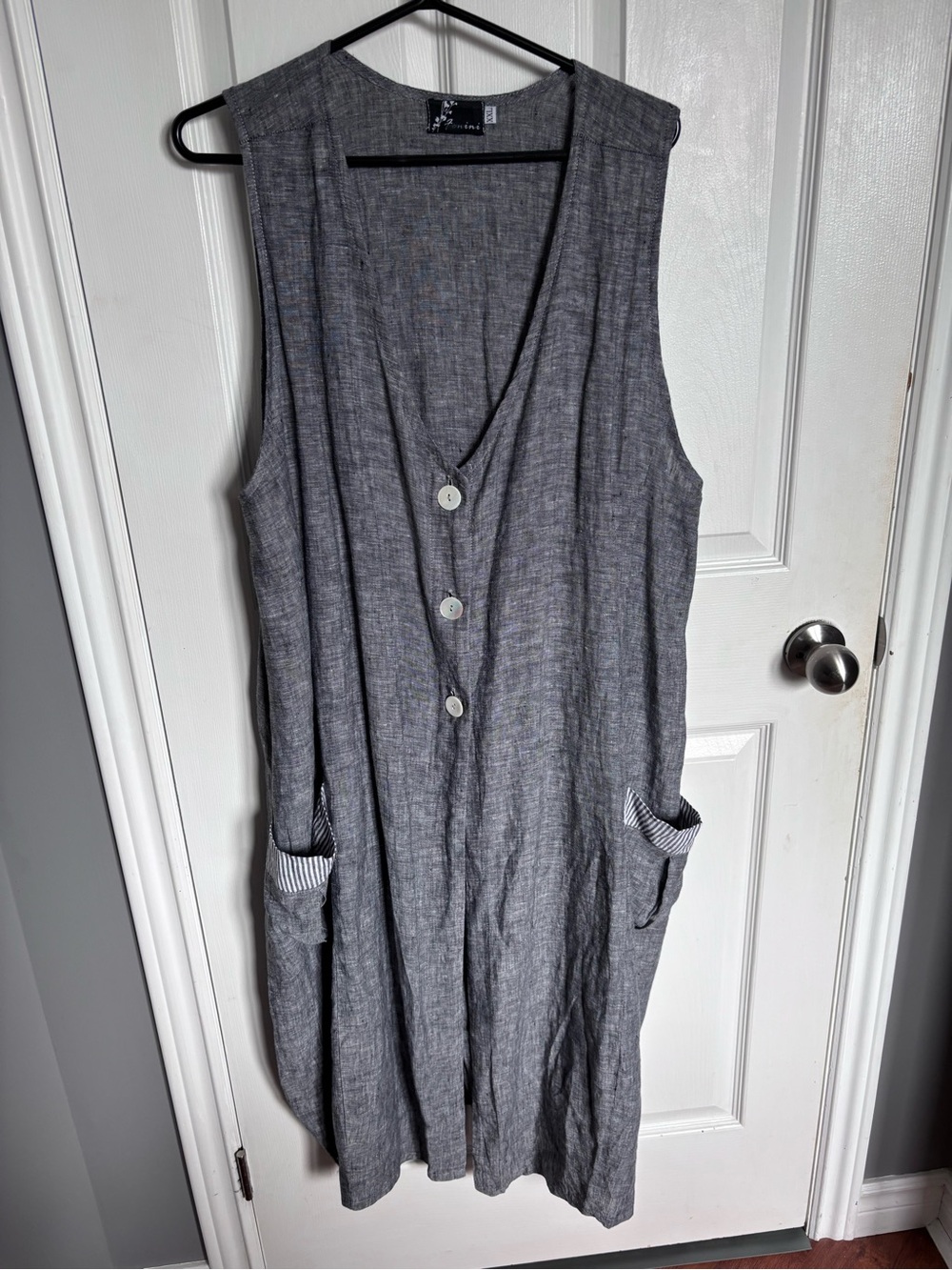 Fenini 100% Linen Dress Duster Pocket Striped Lagenlook Grey XXL 2XL